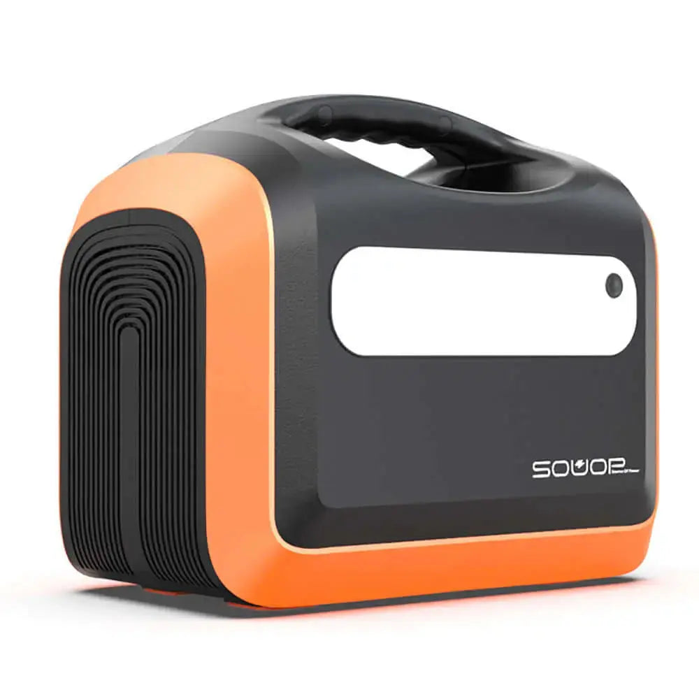 Portable 1200WH battery with handle, featuring a sleek design in orange and black, ideal for travel and outdoor use.