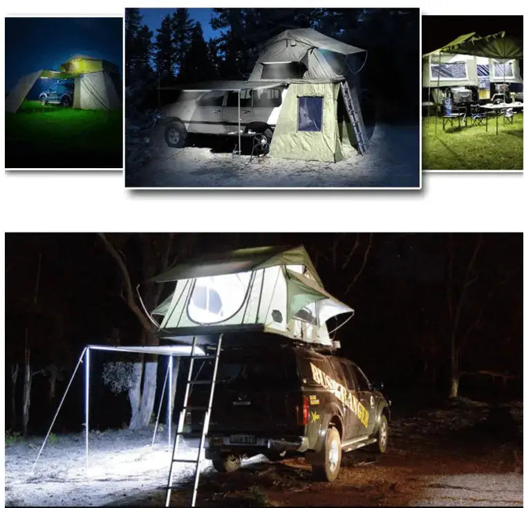 Pack of 5 waterproof LED bars lighting up a rooftop tent and camping setup at night, showcasing outdoor illumination capability.