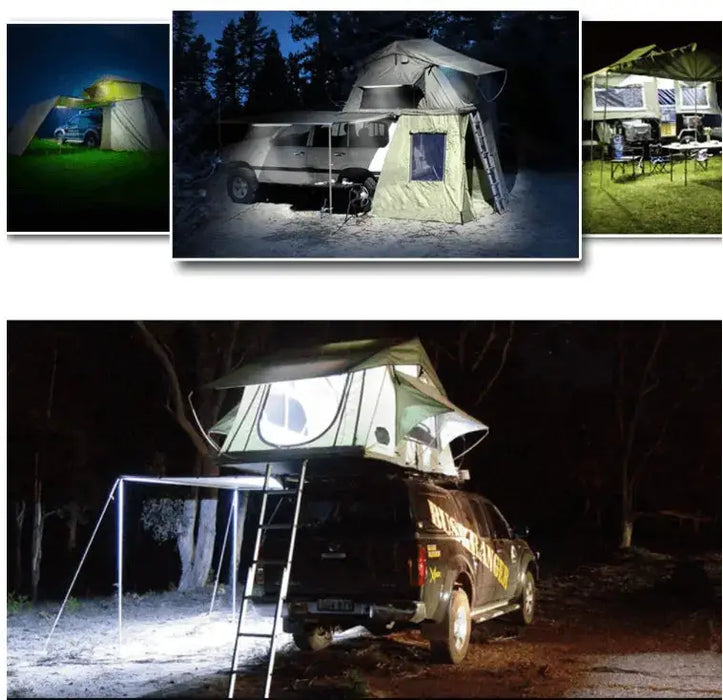 Un pack de 5 barres LED étanches éclairant une tente de toit et un setup de camping la nuit, mettant en valeur la capacité d'illumination en plein air.