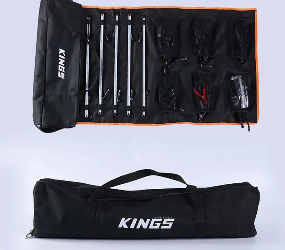 Pack of 5 waterproof LED light bars for camping with cables and accessories in a black carrying case.