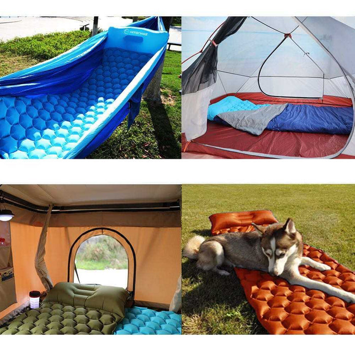 Matelas de camping gonflable dans des tentes et des environnements extérieurs, mettant en avant le confort pour les tentes de toit, les vans et les aventures en plein air.