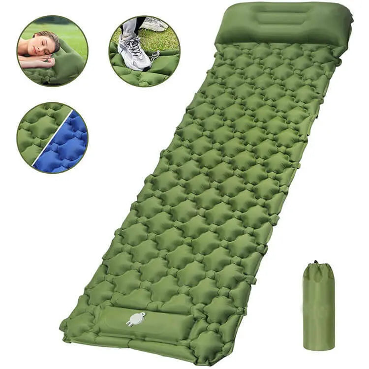 Green inflatable camping mattress with honeycomb structure for roof tent, shown with integrated pillow, storage bag, and details.