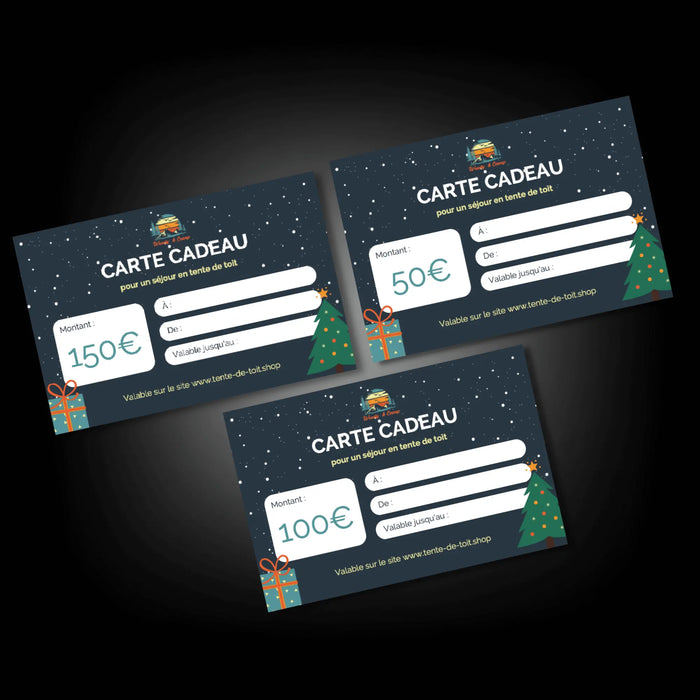 Trois cartes CADEAU pour la location de tentes de toit, d'une valeur de 150€, 100€ et 50€, avec un design festif pour les fêtes de fin d'année.