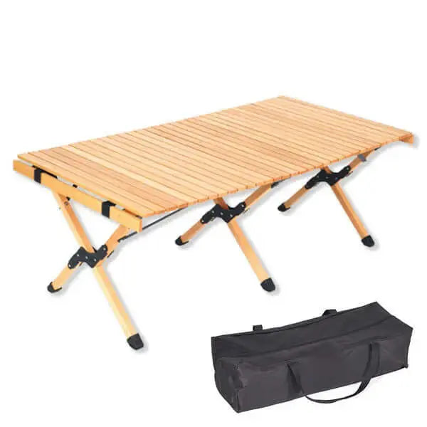 Pliable wooden camping table with sturdy hinges, folded dimensions 60x18x25cm, comes with a carrying bag, seats 4-6 people.